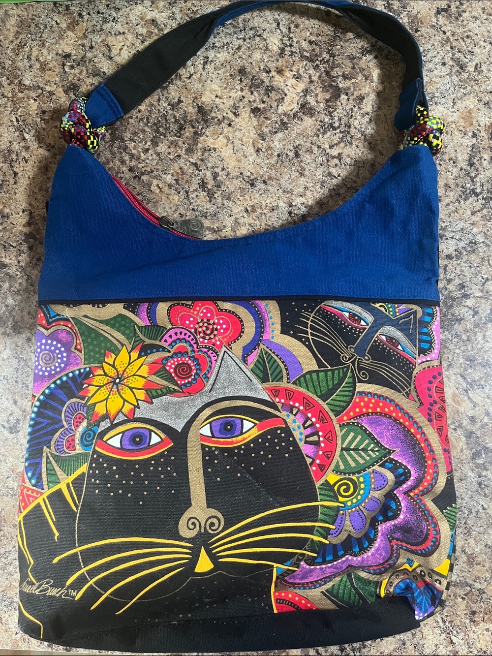 Laurel Burch Blue Multicolor Cat Print Shoulder Bag “Carlotta’s Cats” New